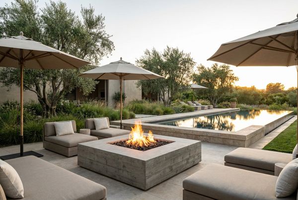 Modern fire feature paired with layered landscape lighting
