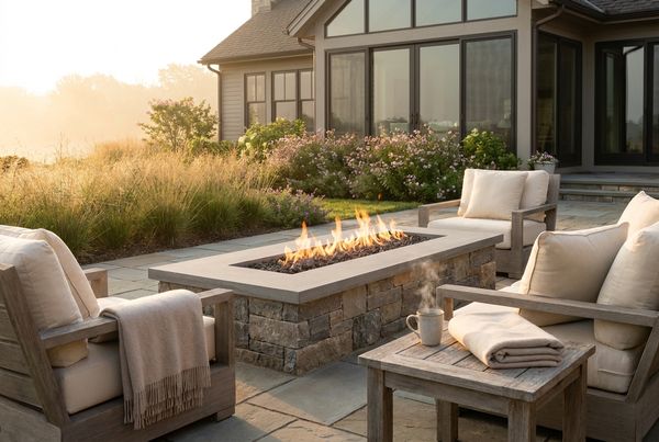 Fire table surrounded by cushioned seating under a pergola