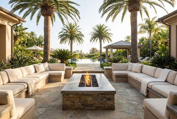 Dramatic backyard fire feature glowing against a night sky