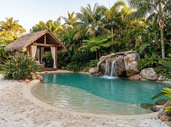 Freeform tropical lagoon pool with beach entry