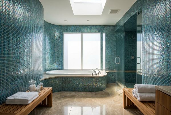 Iridescent glass tile pool shimmering in the light