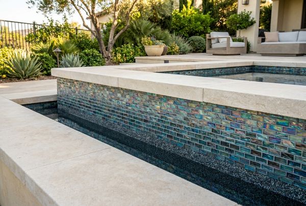 Glass tile waterline band running along the edge of a pool