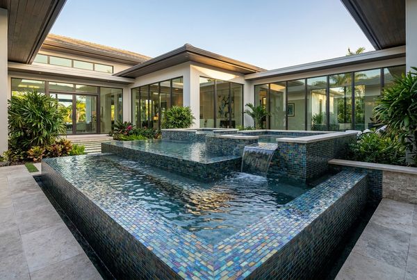 Glass tile pool interior with rich blue water