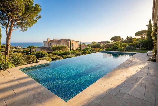 Sunlit luxury glass tile pool with sparkling clear water