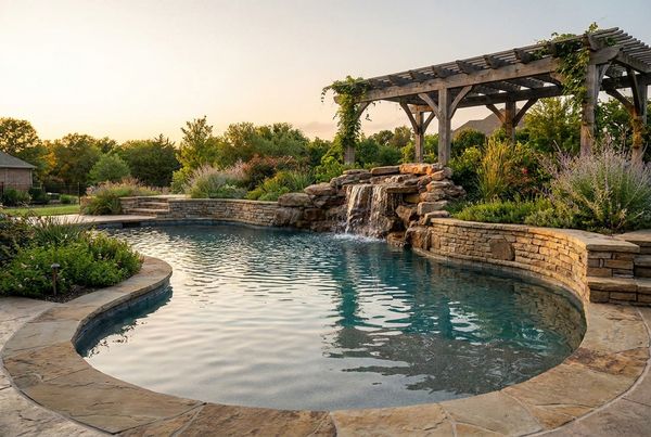 Freeform gunite pool with a natural rock waterfall cascading into the water