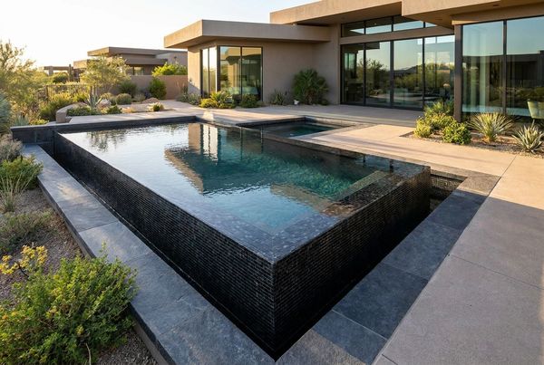 Modern geometric gunite pool with a perimeter wet edge and dark tile