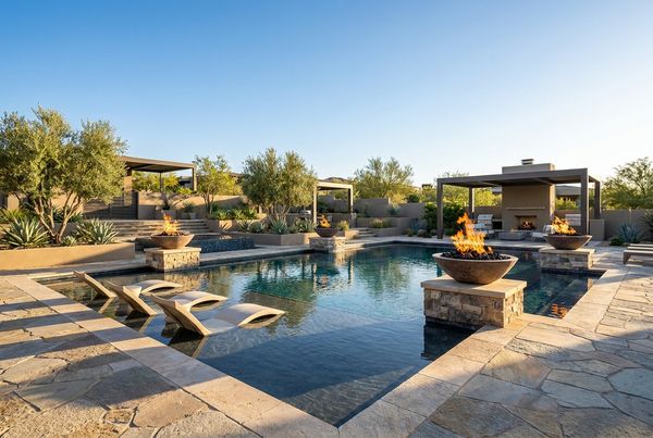 Luxury gunite pool with a tanning ledge, raised spa, and fire bowls at dusk