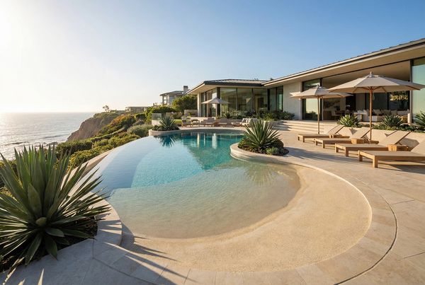 Gunite pool with a gentle beach entry sloping into shallow water