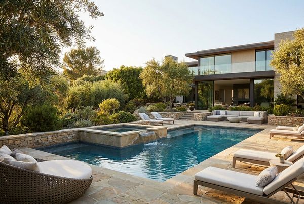 Custom gunite pool with a freeform shape in a landscaped yard