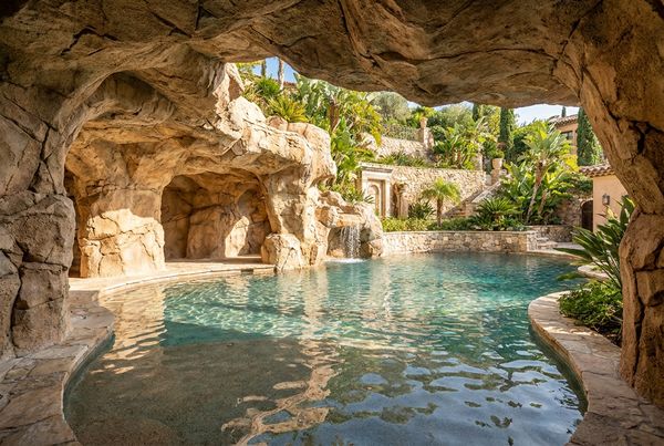 Custom gunite pool with a natural rock grotto and cave over the water