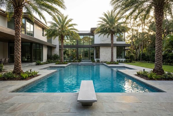 Gunite pool with a deep diving end and a springboard