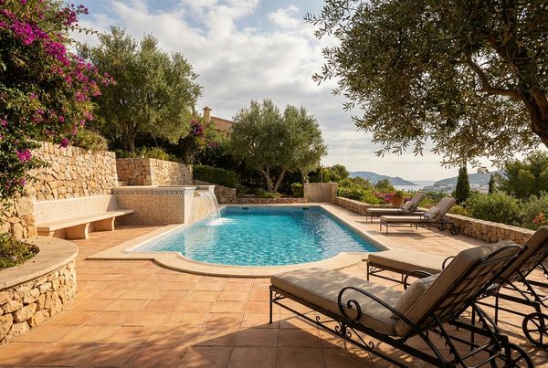 Mediterranean gunite pool with terracotta coping and stucco walls