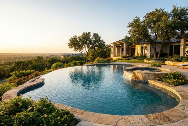 Modern geometric gunite pool with a perimeter-overflow wet edge