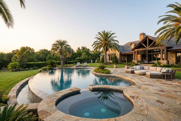 Gunite pool with a raised attached spa and spillover