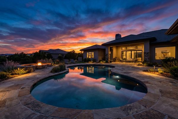 Gunite pool with fire bowls flanking a raised bond beam