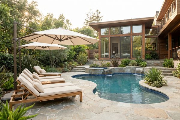 Gunite pool with dark tile waterline and swim-up bar seating