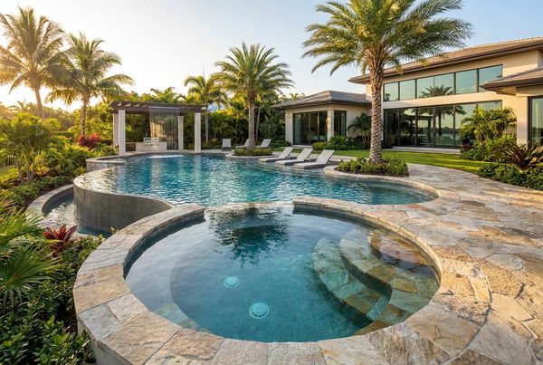 Custom gunite pool design at dusk with integrated lighting