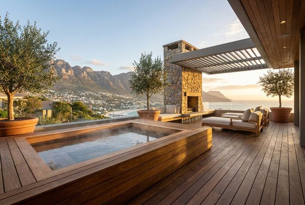 Portable hot tub set into a raised timber deck