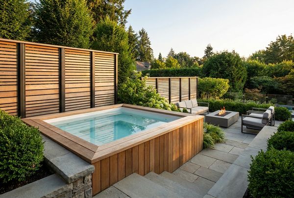 Hot tub with a slatted privacy screen on one side