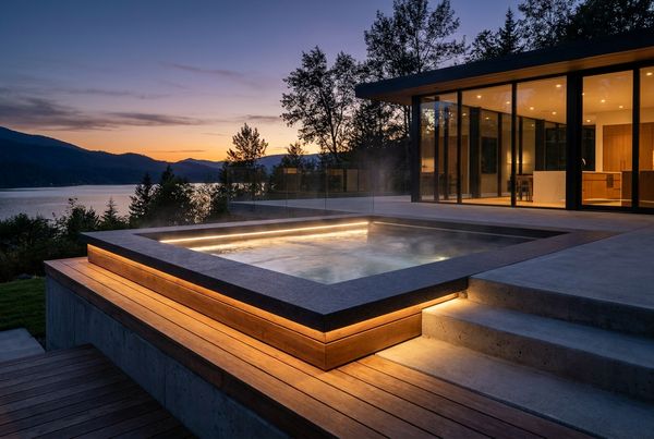 Modern hot tub lit warmly at dusk with LED water and path lighting