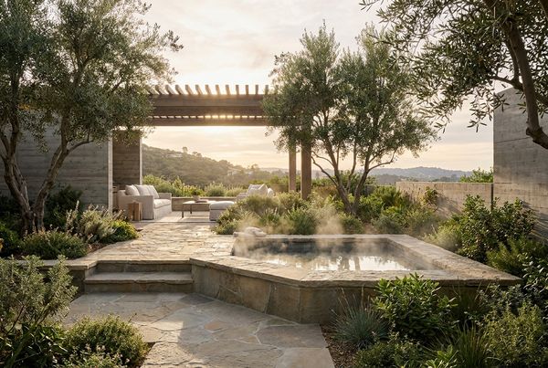 Hot tub set into a lush garden with layered planting around it