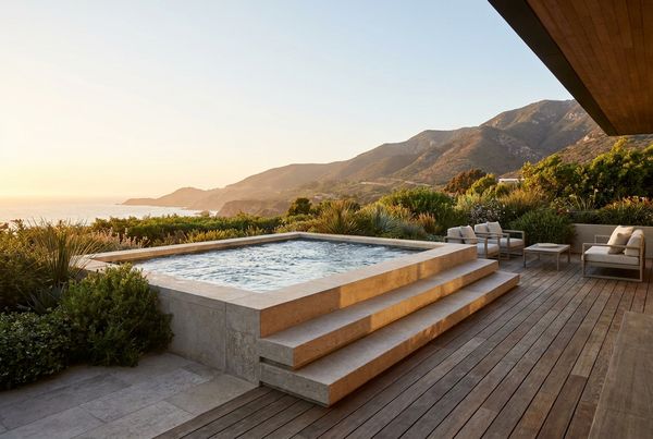 Sunken in-ground hot tub flush with a stone patio