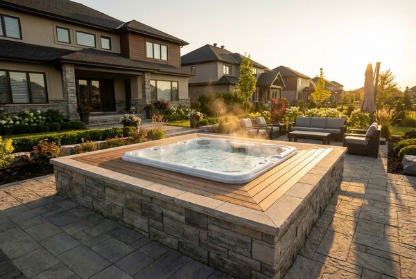 Modern backyard hot tub with dark cabinet and clean coping