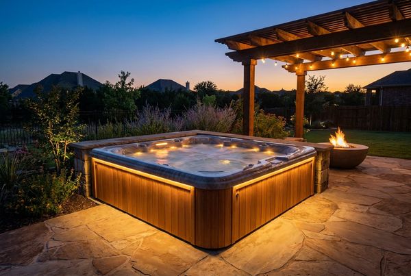 Hot tub tucked beside a swimming pool sharing the same coping