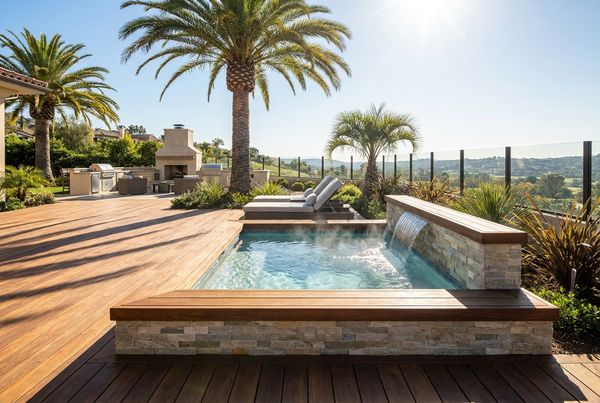 Hot tub under a pergola with warm overhead lighting