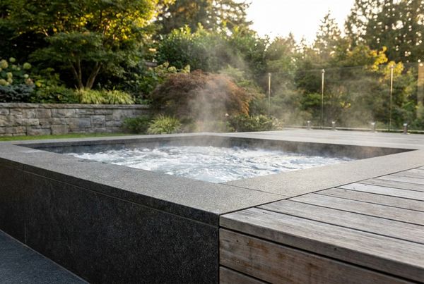 Modern in-ground hot tub with a tile spillover into a pool