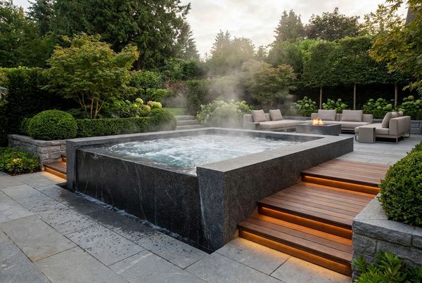 Backyard hot tub with a glass privacy screen and warm lighting
