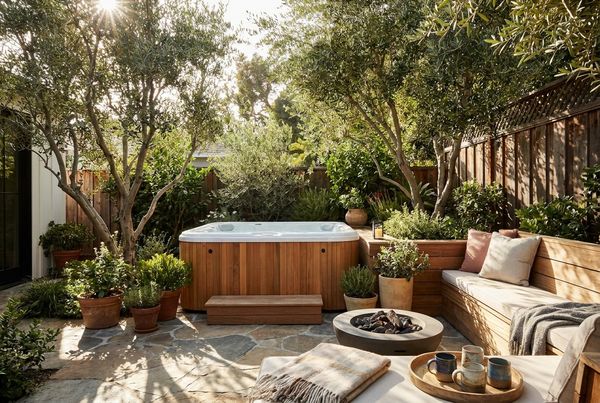 Hot tub with a dark tile surround lit at dusk