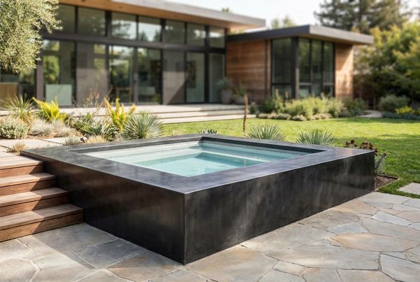 Hot tub with wide entry steps and integrated bench seating