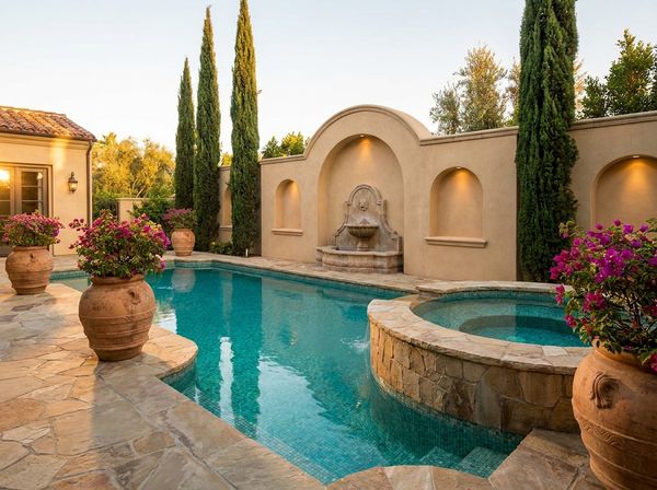 Mediterranean-style backyard pool with spillover spa