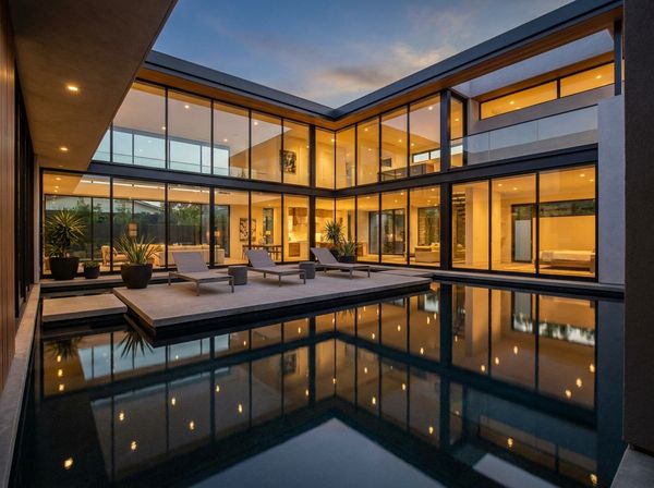 Dark-bottom courtyard pool reflecting a modern glass house