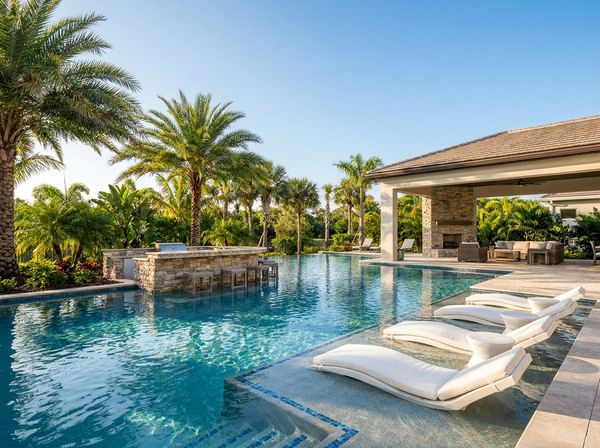 Resort-style pool with swim-up bar and palm trees
