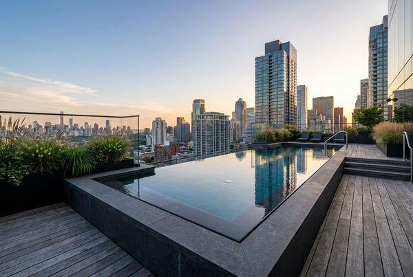 Infinity pool with a vanishing edge overlooking a distant view
