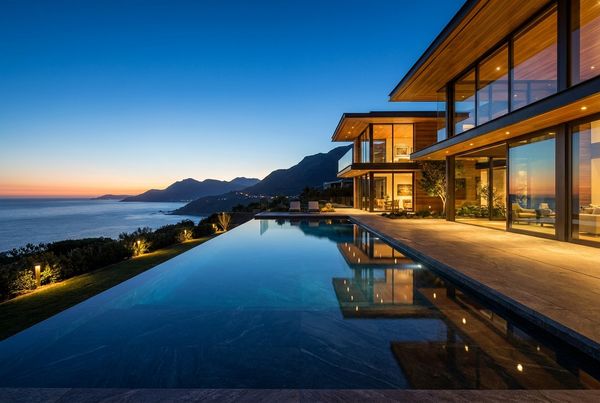 Infinity pool at dusk with lights on