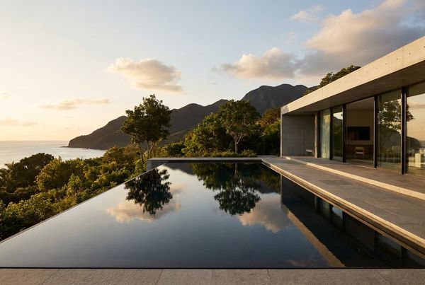 Infinity pool with a dark mirror-like reflective surface