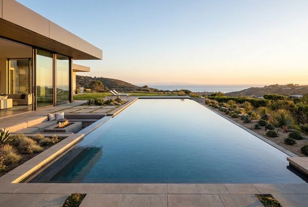 Negative-edge backyard pool disappearing into a distant view