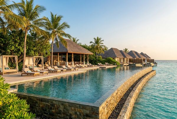 Tropical resort infinity pool with palms and open sky
