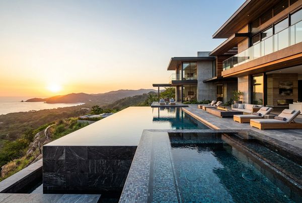 Infinity pool with dark reflective interior finish