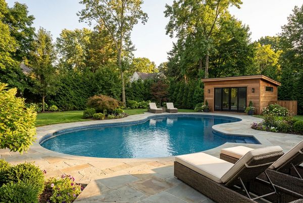 Vinyl-liner inground pool with a patterned liner in a suburban backyard