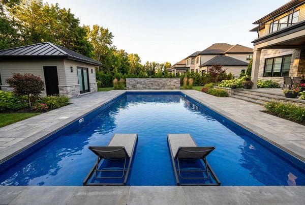 Finished fiberglass pool with a tanning ledge and paver deck