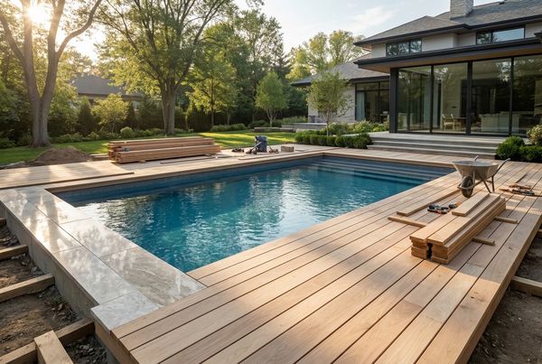 Paver decking being installed around a new inground pool