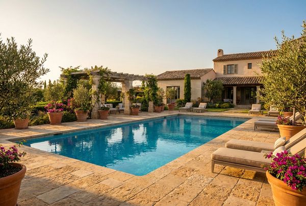 Inground pool with a travertine deck