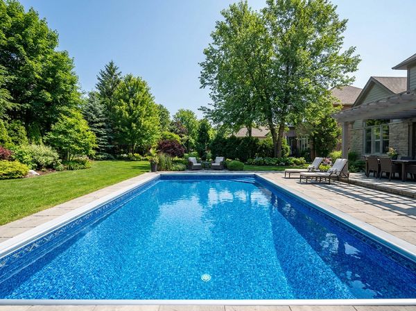 Inground pool with surrounding deck and seating