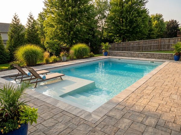 Inground pool with a modern coping and patio