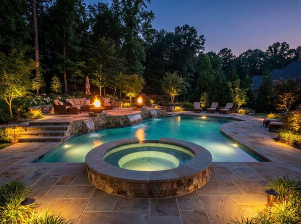Inground pool at dusk with landscape lighting