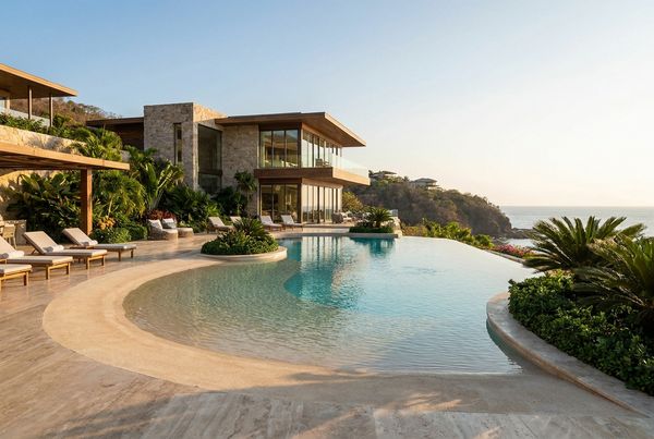 Family pool with a wide zero-depth beach entry sloping gently into the water